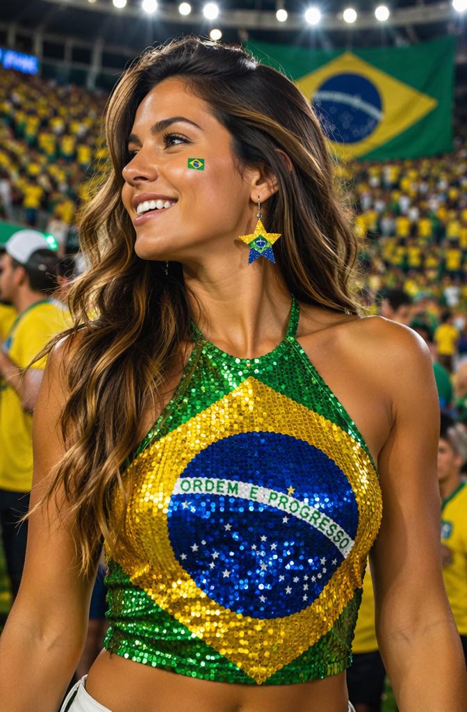 A Woman Wearing A Sequined Top Featuring The Brazilian Flag Stands In A Lively Stadium Filled With Fans And National Colors