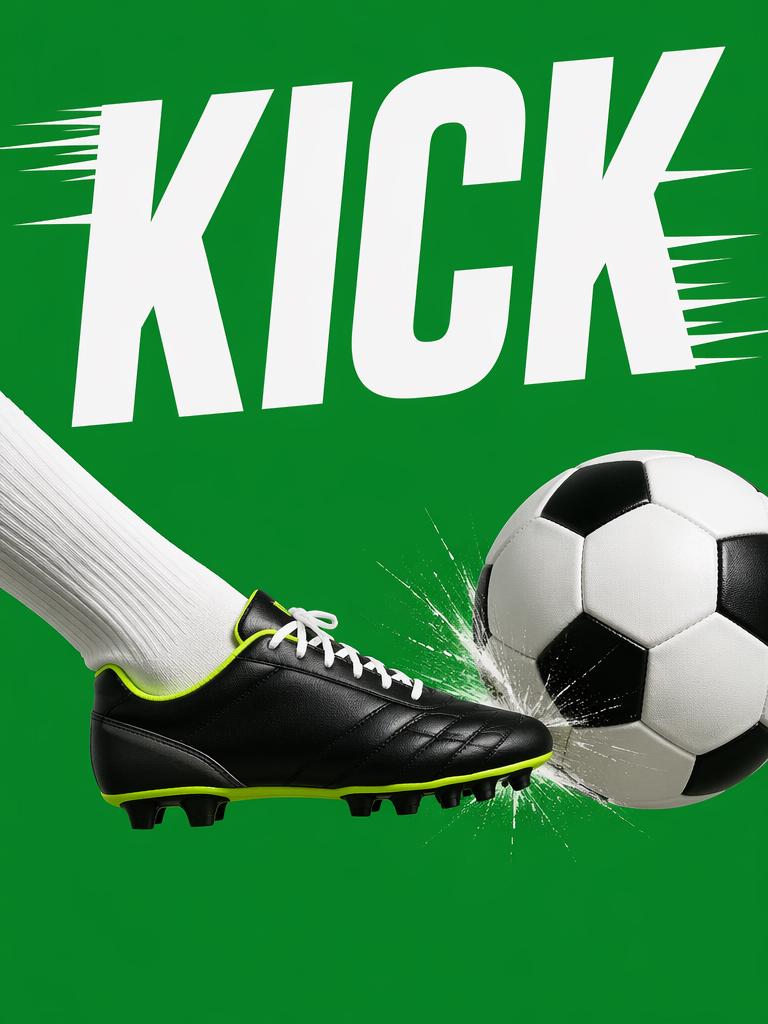 A Close-Up Of A Soccer Shoe Kicking A Ball Against A Vibrant Green Background With The Word "KICK" Prominently Displayed