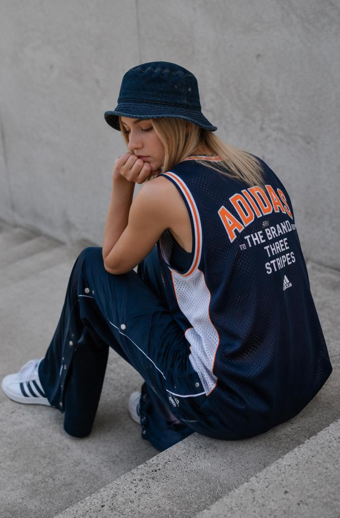 A Woman Wearing Sporty Adidas Clothing And A Bucket Hat Sits On A Concrete Staircase Gazing Thoughtfully To The Side