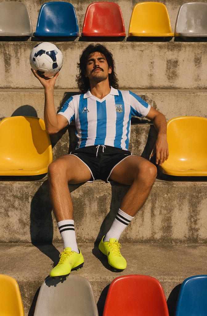 A Man Wearing A Striped Sports Jersey And Bright Yellow Cleats Poses With A Soccer Ball While Seated In A Stadium With Colorful Chairs