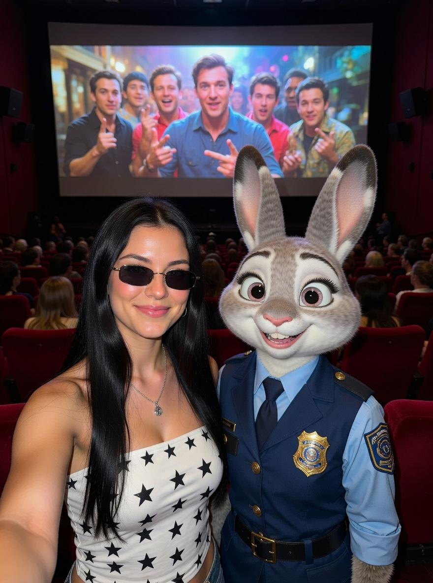 A Woman Poses For A Photo In A Movie Theater Alongside Someone Dressed As A Character In A Police Uniform With A Crowded Audience And A Movie Screen In The Background
