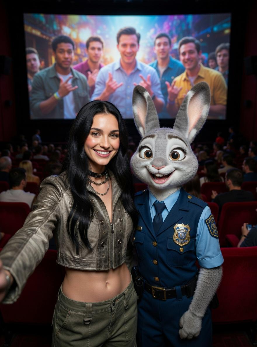 A Woman Poses With A Costumed Character Dressed As A Police Officer In A Crowded Movie Theater Setting