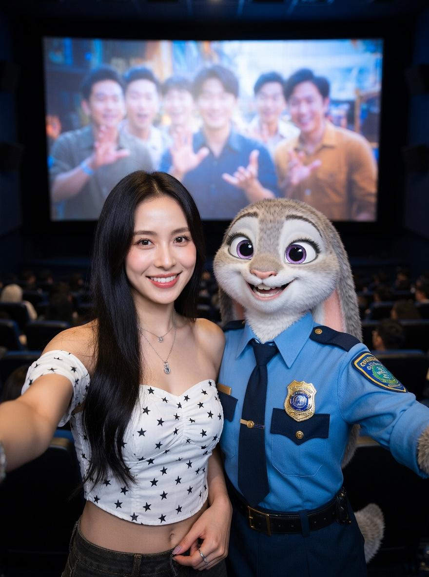 A Woman And A Character Dressed As A Police Officer Pose For A Selfie In A Movie Theater Setting
