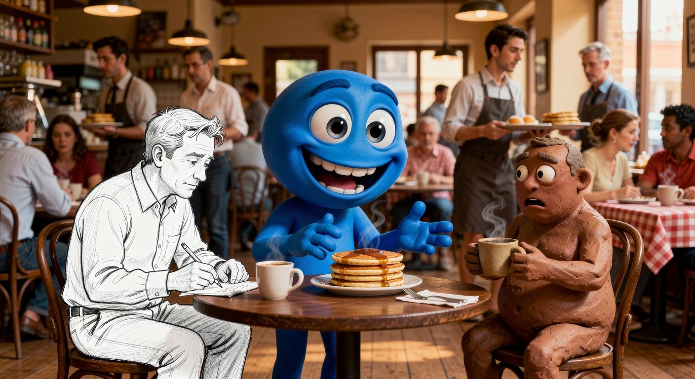 A Cheerful Animated Blue Character Enjoys Pancakes While Seated At A Bustling Café Alongside Artistic And Clay-Like Figures