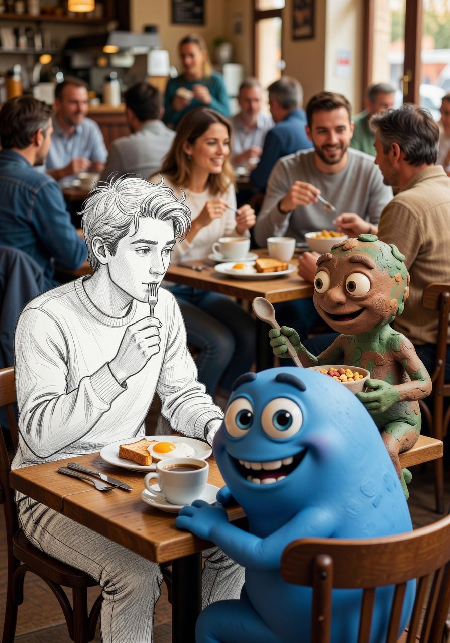 A Man Is Seated At A Bustling Café Table Alongside Two Animated Characters Enjoying A Meal Amidst A Lively Atmosphere