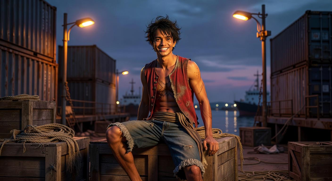 A Man Sits On A Wooden Crate At A Dockyard Surrounded By Shipping Containers With Ships Visible In The Background During Twilight