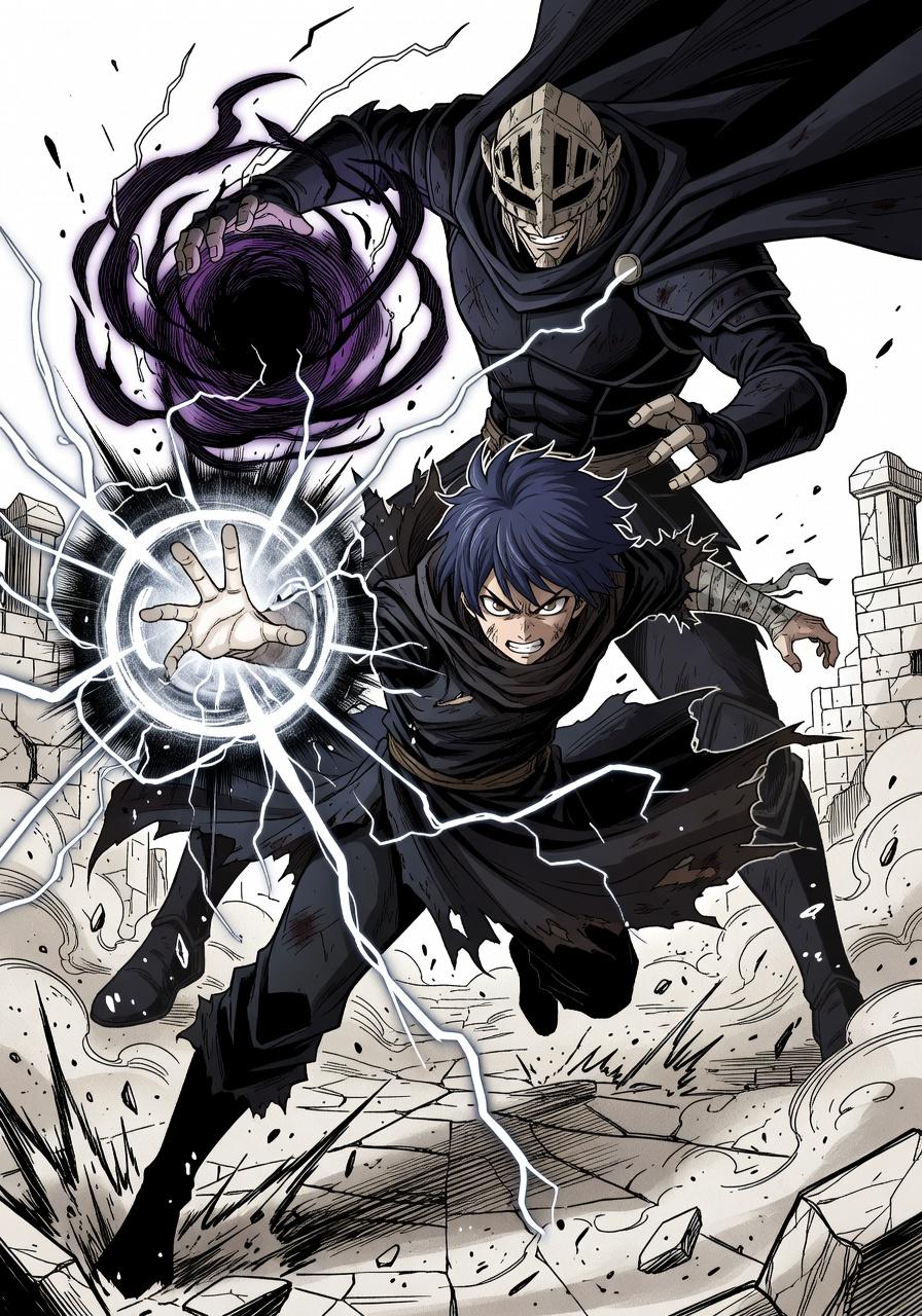 A Dynamic Scene Featuring Two Men In A Dramatic Battle Setting Surrounded By Crumbling Ruins And Intense Energy Blasts