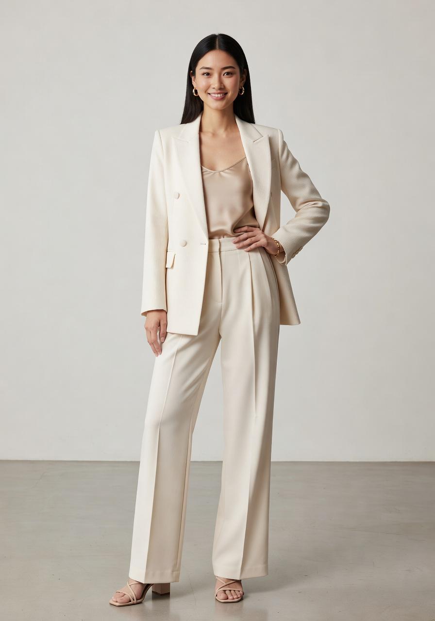 A Woman Is Standing Confidently In A Minimalist Indoor Setting Wearing An Elegant Cream-Colored Suit
