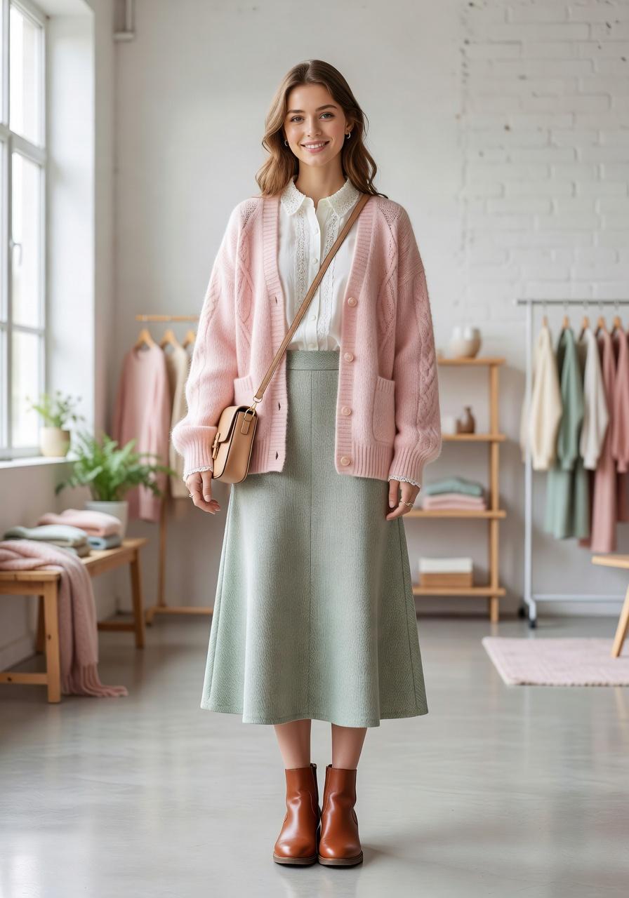 A Woman Stands In A Cozy Minimalist Room With Pastel-Toned Clothing And Decor