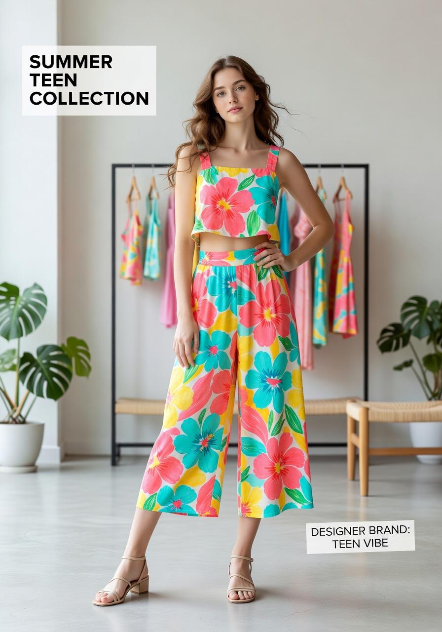 A Woman Models A Vibrant Floral Outfit In A Stylish Indoor Showroom Featuring Matching Summer Clothing And Decor