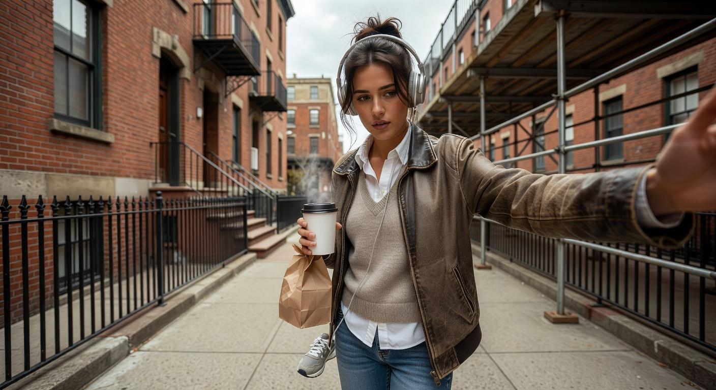 A Woman Holding A Coffee Cup And Paper Bag Poses On A City Sidewalk Surrounded By Brick Buildings And Iron Railings