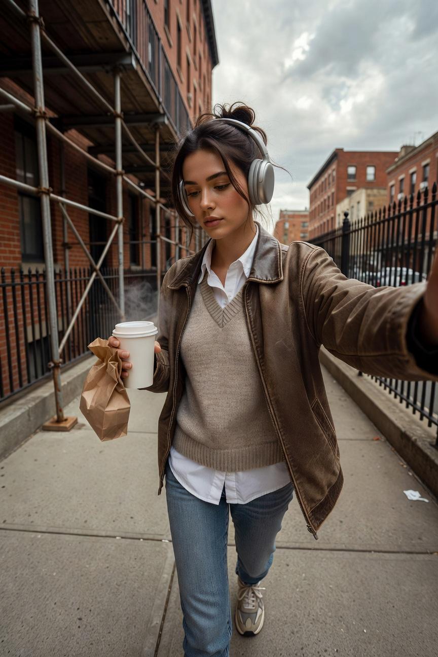 A Woman Walks Down A City Sidewalk Holding A Coffee Cup And A Paper Bag Surrounded By Brick Buildings And Scaffolding