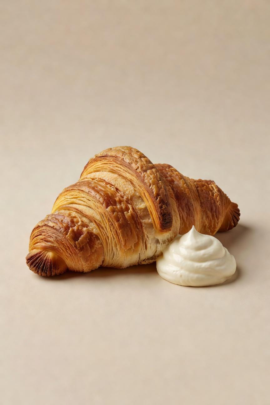 A Flaky Croissant Paired With A Dollop Of Creamy Filling Is Displayed Against A Neutral Background