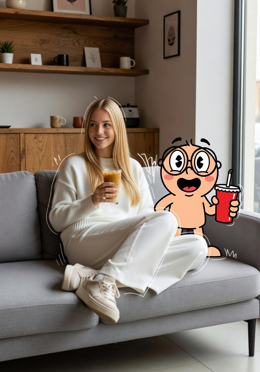 A Woman Relaxing On A Couch With A Drink In A Cozy Modern Living Space Alongside A Playful Cartoon Character