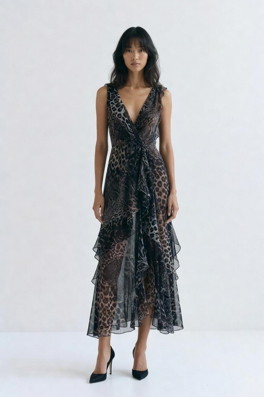 A Woman Stands In A Studio Setting Wearing A Flowing Animal-Print Dress And Black Heels