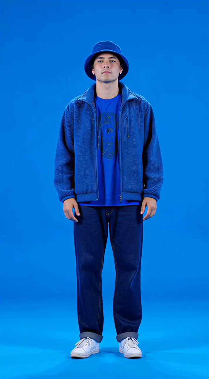 A cool streetwear fashion video of a young man in an all-blue outfit dancing in a blue stu