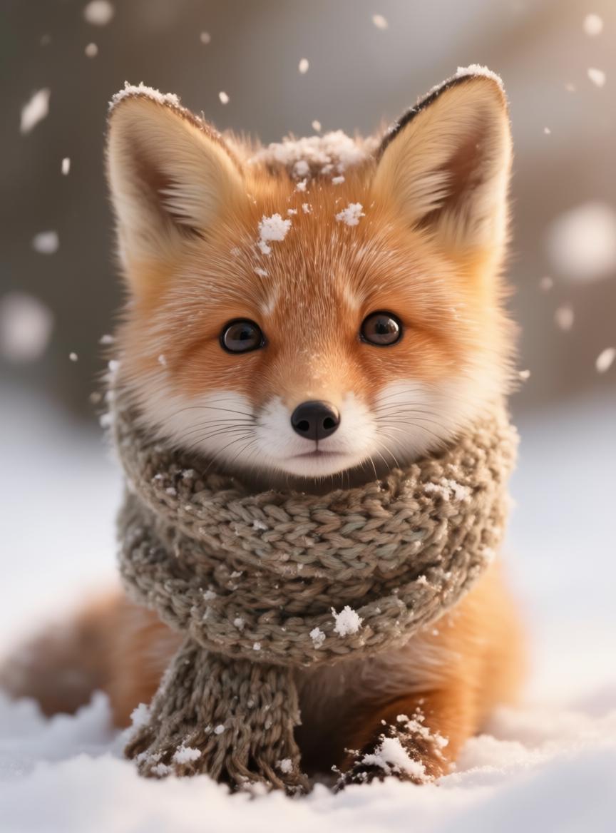 Snowflakes gently fall around the fox, it sniffs the air, then nuzzles deeper into the sca before