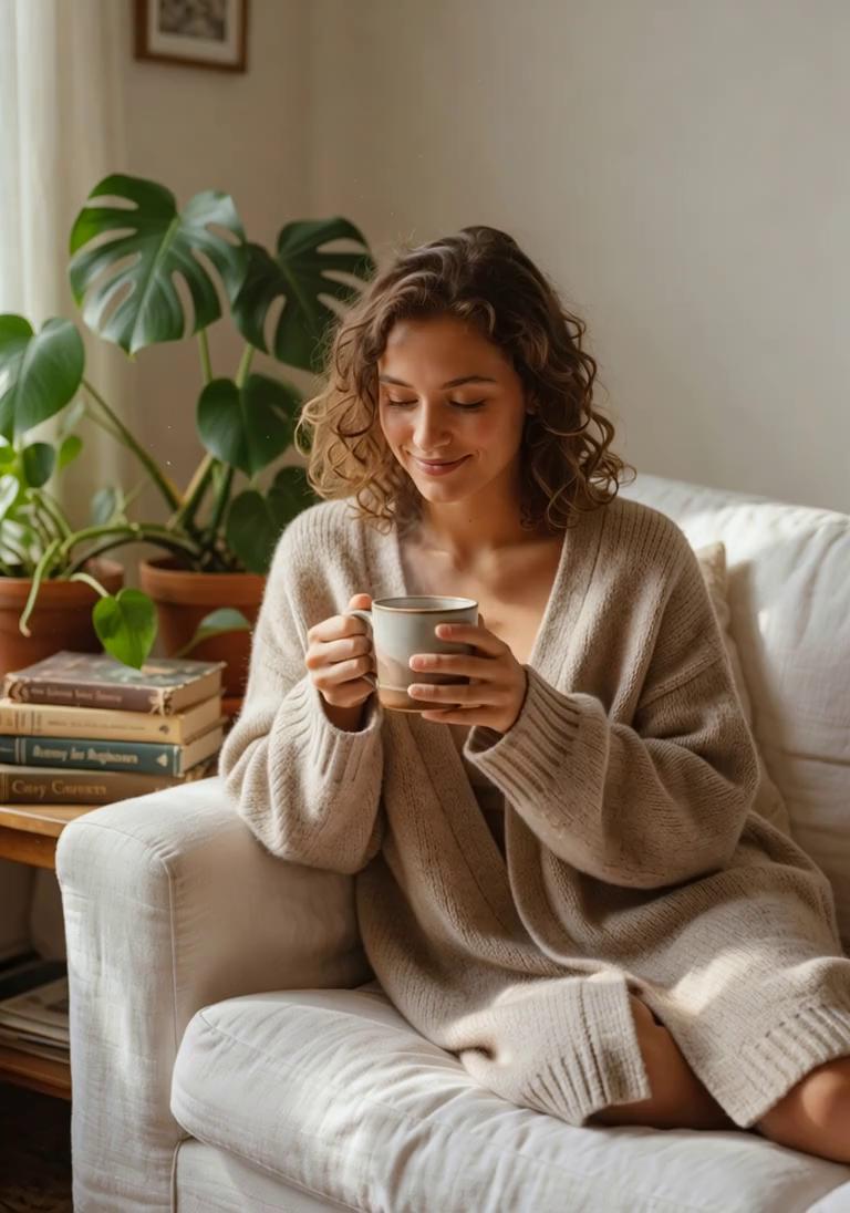 She wraps both hands around the warm mug, takes a slow sip, then tucks her legs up on the 