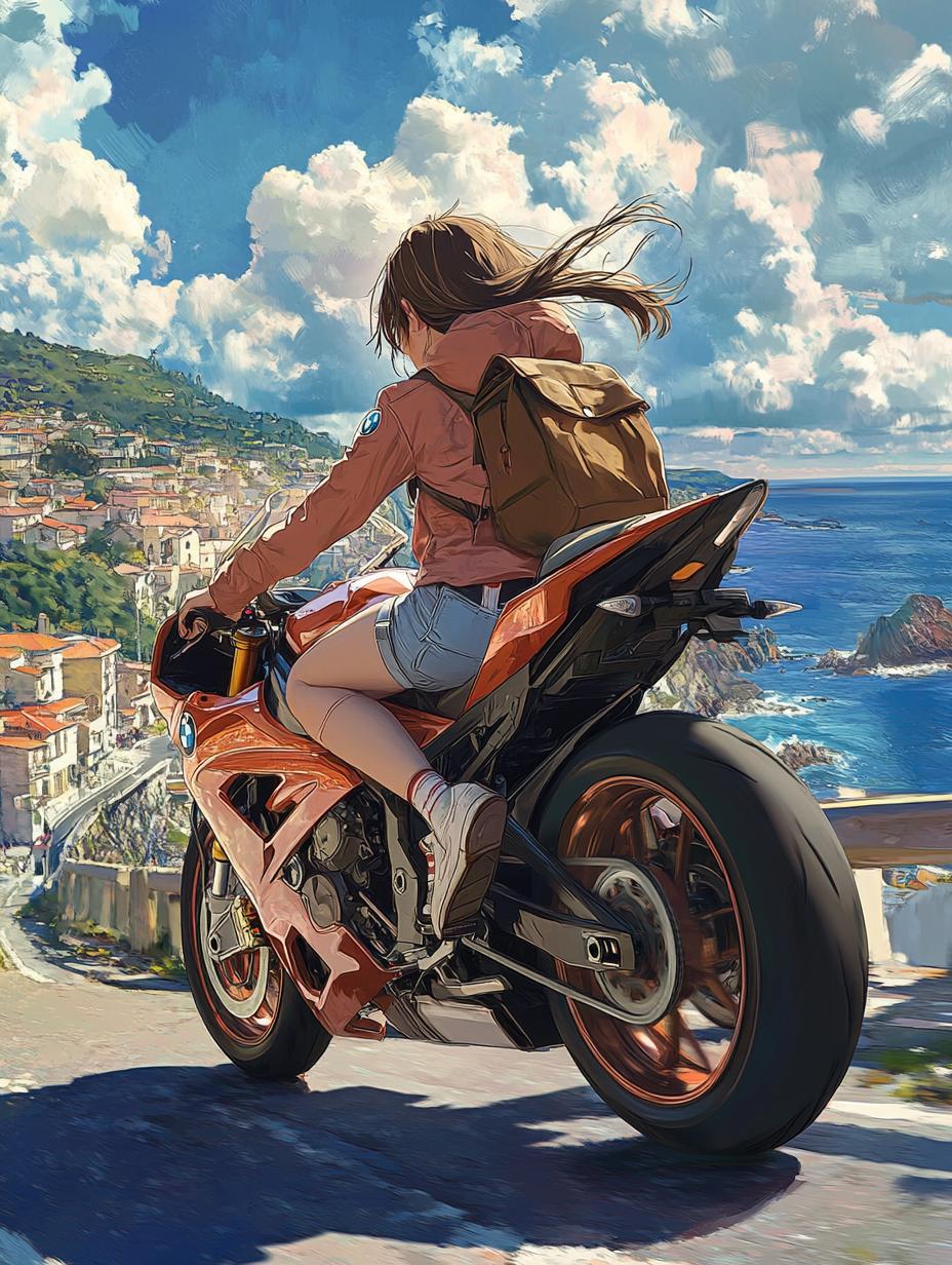 a young anime girl riding a 2023 BMW S1000RR motorcycle with rose gold chrome wrapping, ce