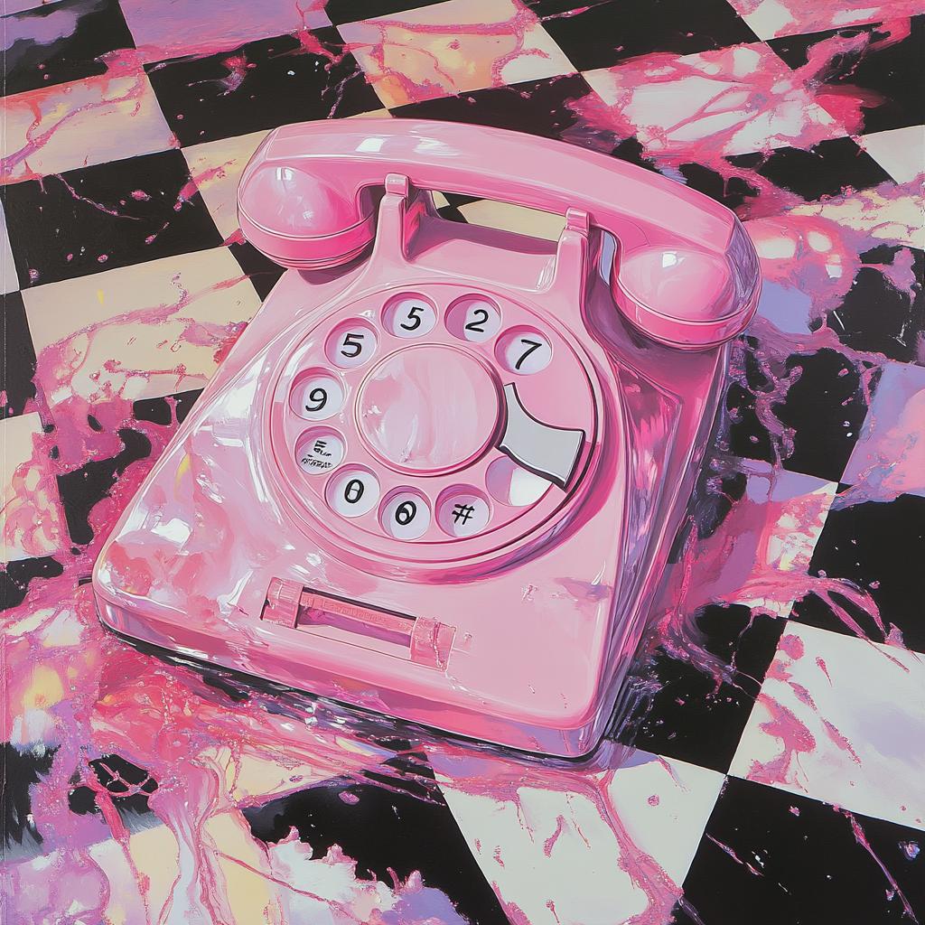 A square-framed scene centers on a distorted pink rotary phone melting into a checkerboard