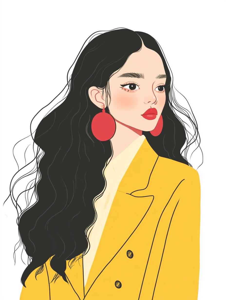 A Stylish Illustration Of A Woman With Flowing Black Hair Bold Red Earrings And A Vibrant Yellow Blazer