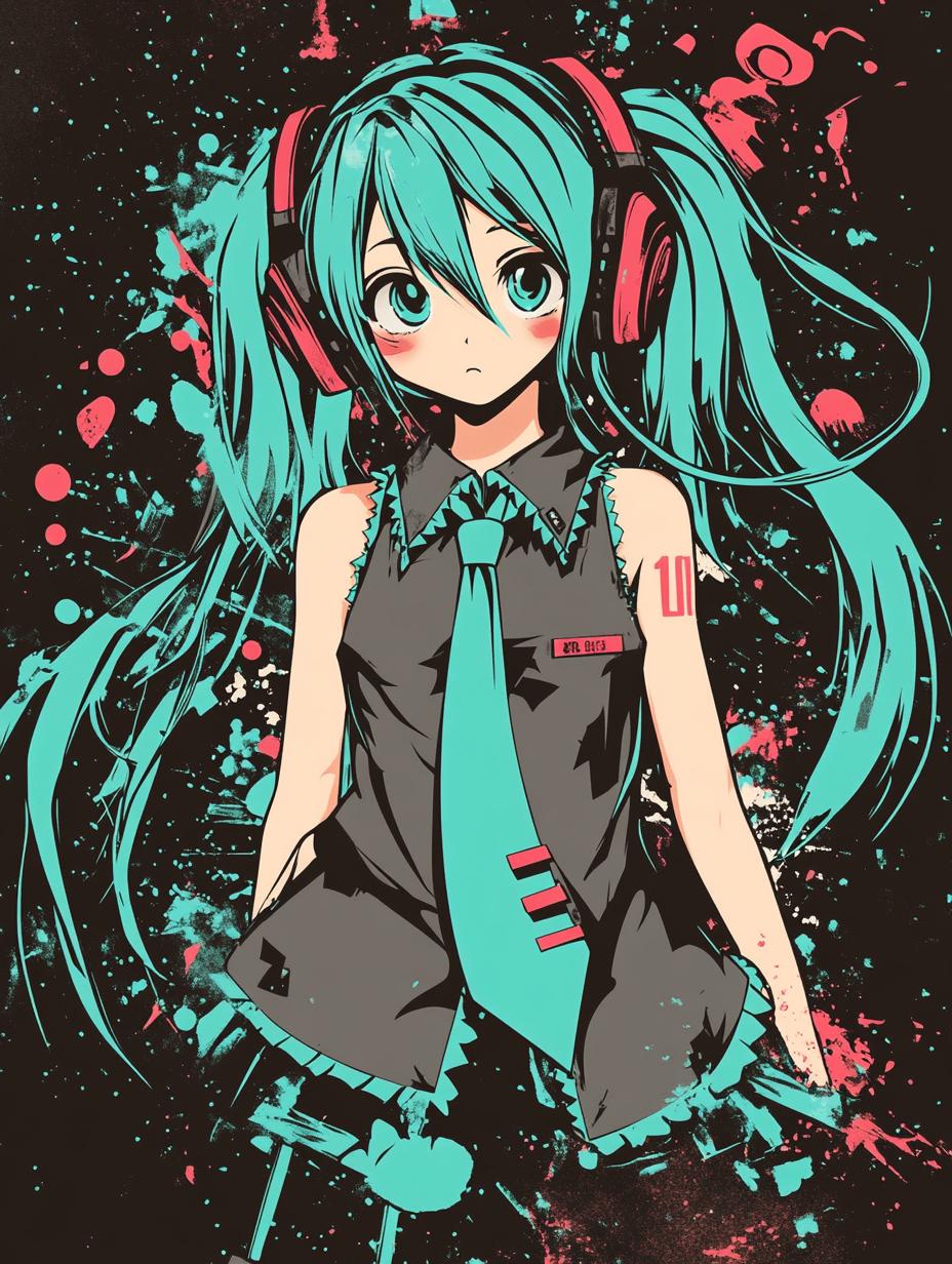 A Vibrant Depiction Of A Girl With Teal Hair And Headphones Set Against A Dynamic Splatter Art Background