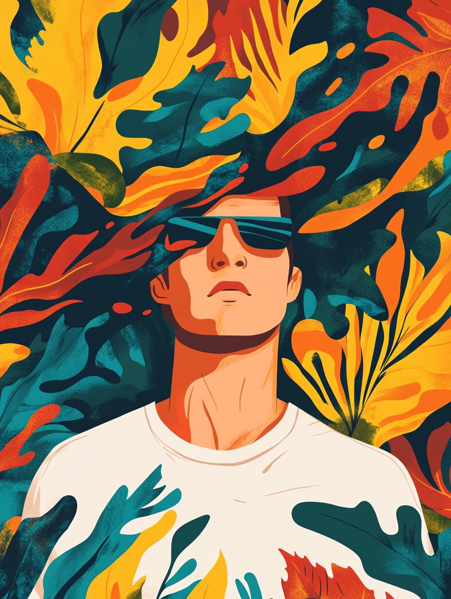 A Person Stands Against A Vibrant Tropical-Inspired Backdrop Wearing A Matching Patterned Shirt