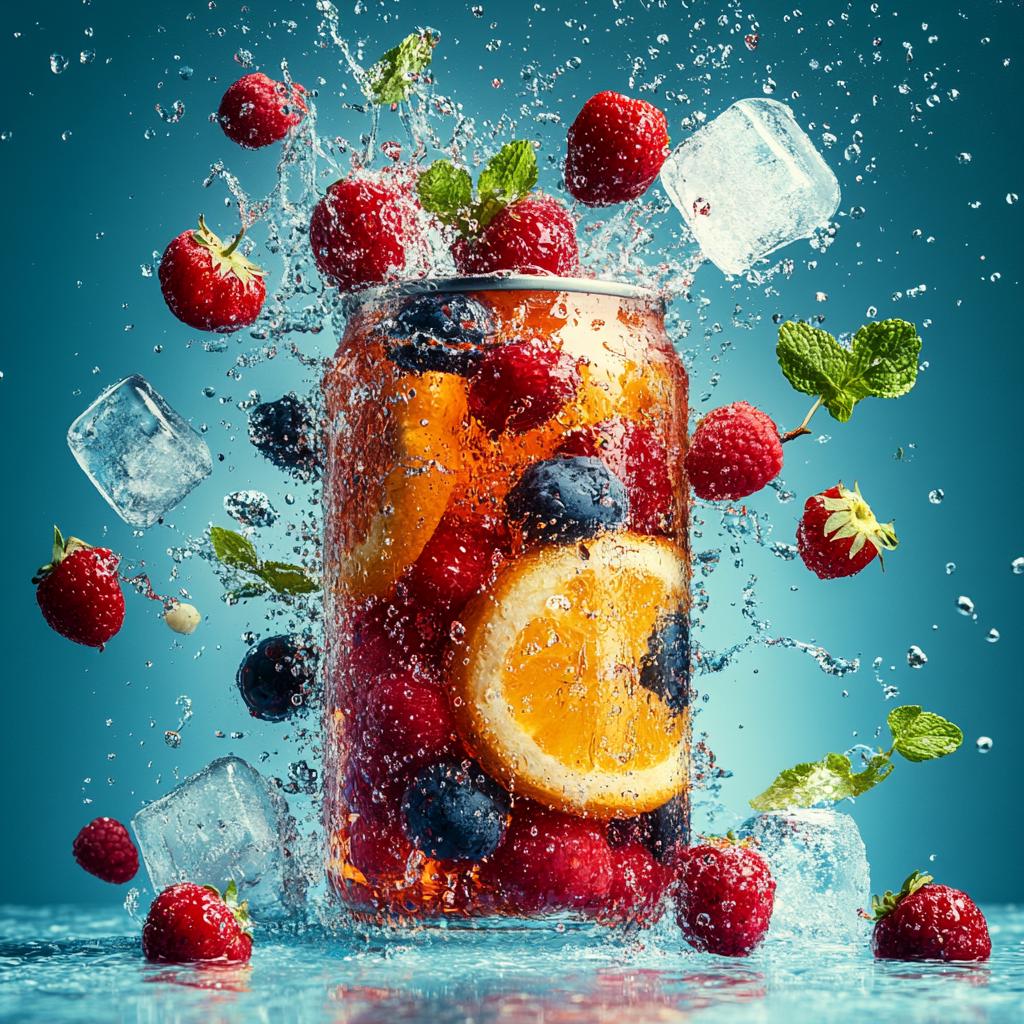 A Vibrant Image Of A Refreshing Fruit-Infused Drink With Splashing Berries Citrus Slices Mint Leaves And Ice Cubes Against A Bright Blue Background