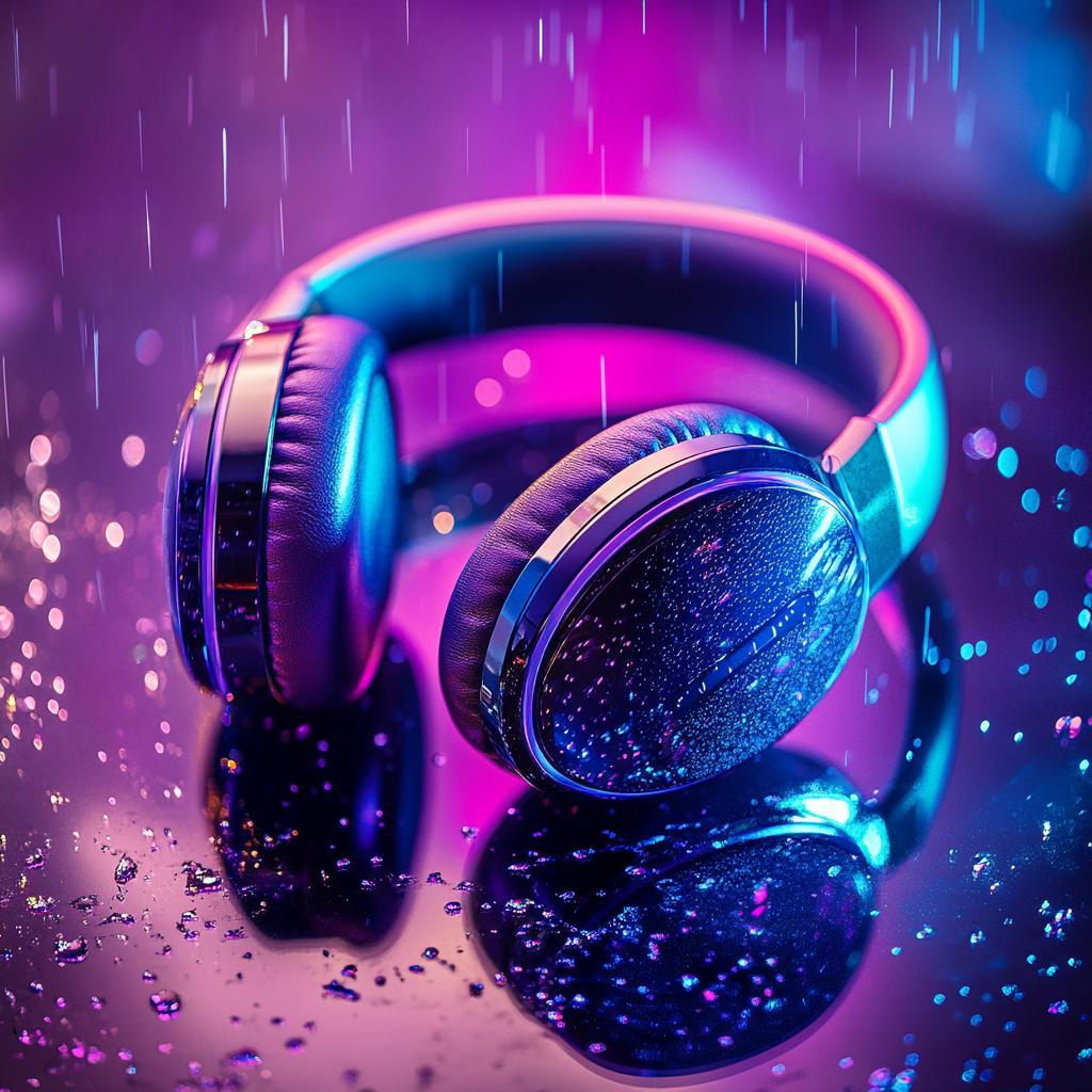 A Pair Of Sleek Headphones Rests On A Reflective Surface Surrounded By Vibrant Neon Lights And Raindrops In A Futuristic Setting