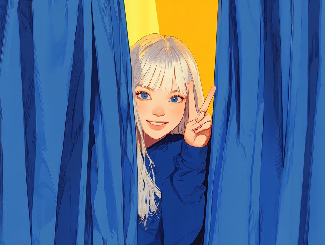 A Person With Long Blonde Hair Peeks Through Vibrant Blue Curtains In A Brightly Lit Setting