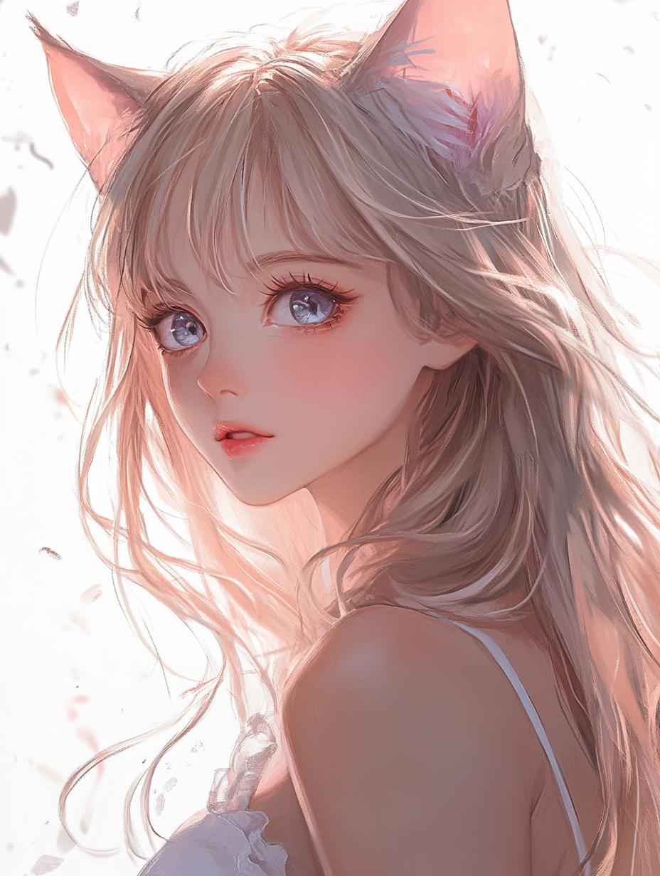 A Woman With Cat-Like Ears Is Depicted In A Soft Ethereal Setting With Flowing Hair And Delicate Lighting