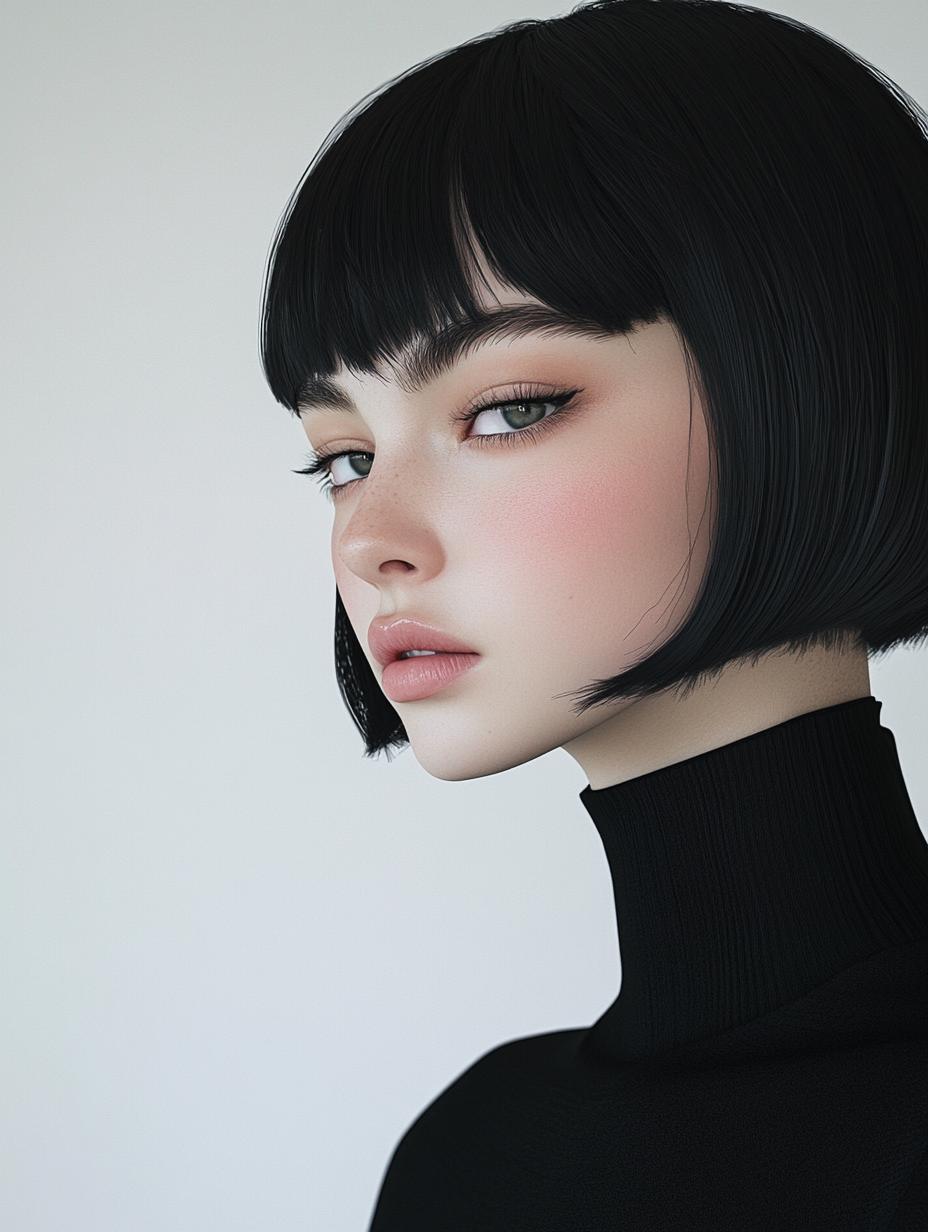 A Woman With A Sleek Black Bob Hairstyle Is Captured In A Minimalistic Studio Setting Wearing A Black Turtleneck
