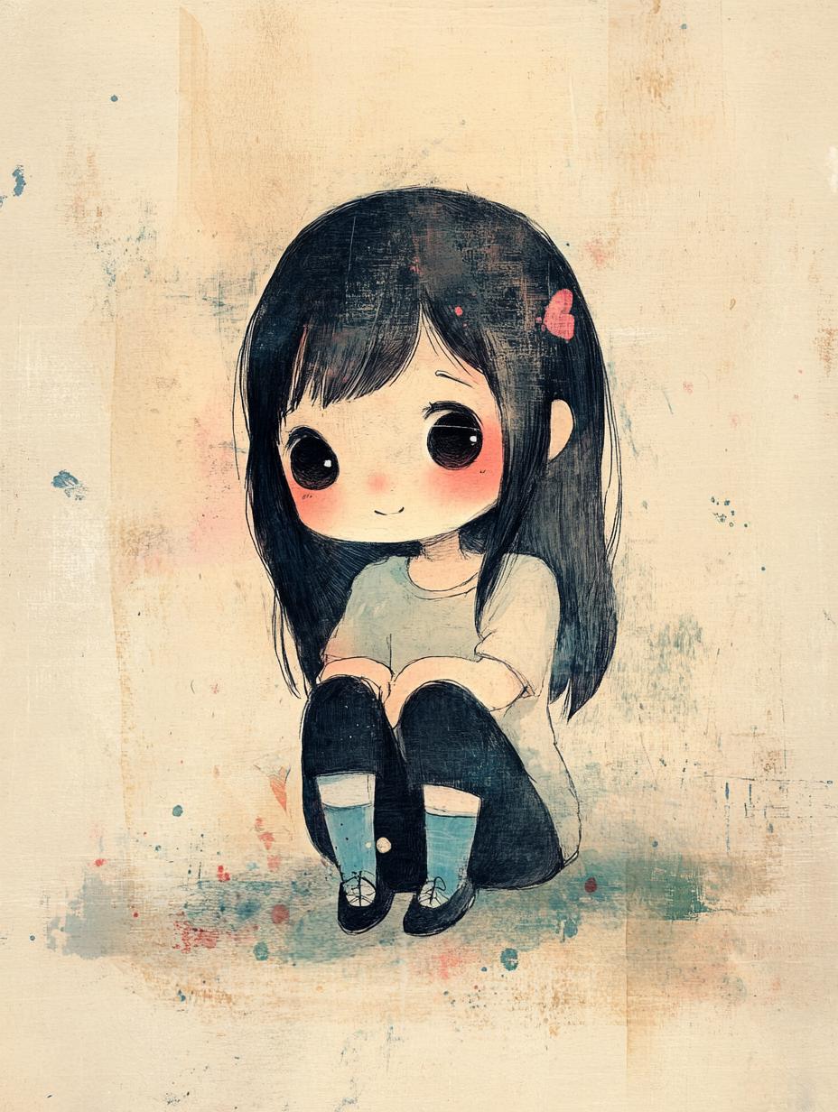 A Whimsical Illustration Of A Seated Girl With Long Dark Hair Set Against A Textured Pastel-Toned Background