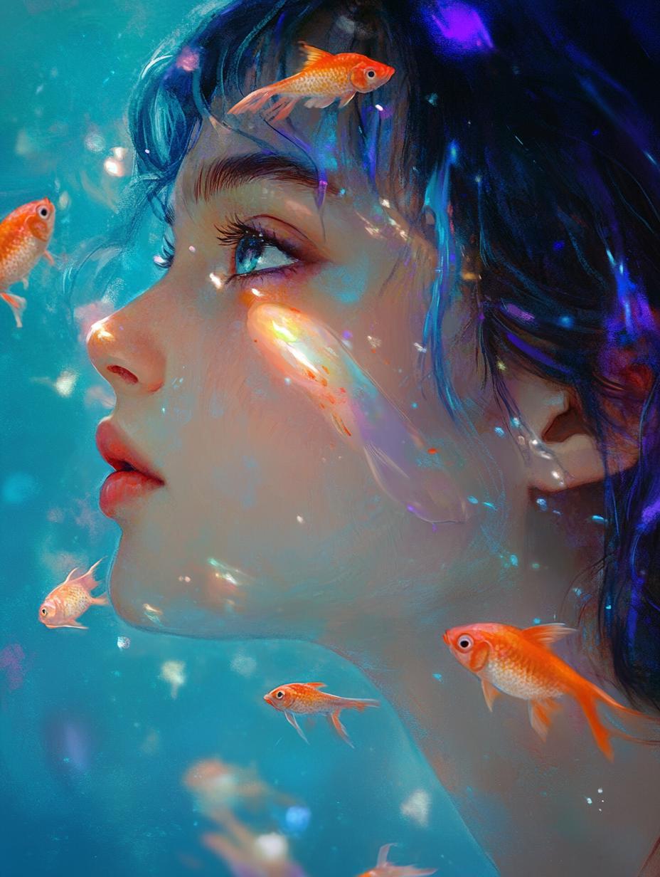 A Woman Is Depicted Underwater Surrounded By Vibrant Orange Fish And Glowing Blue Light