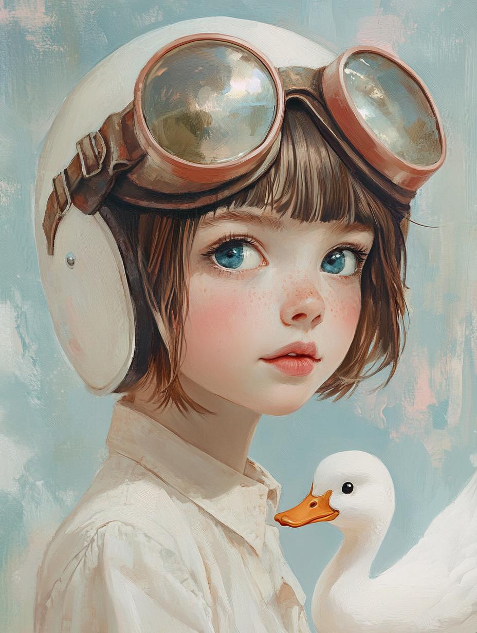 A Person Wearing A Vintage Helmet And Goggles Stands In A Soft Pastel Setting Alongside A White Duck