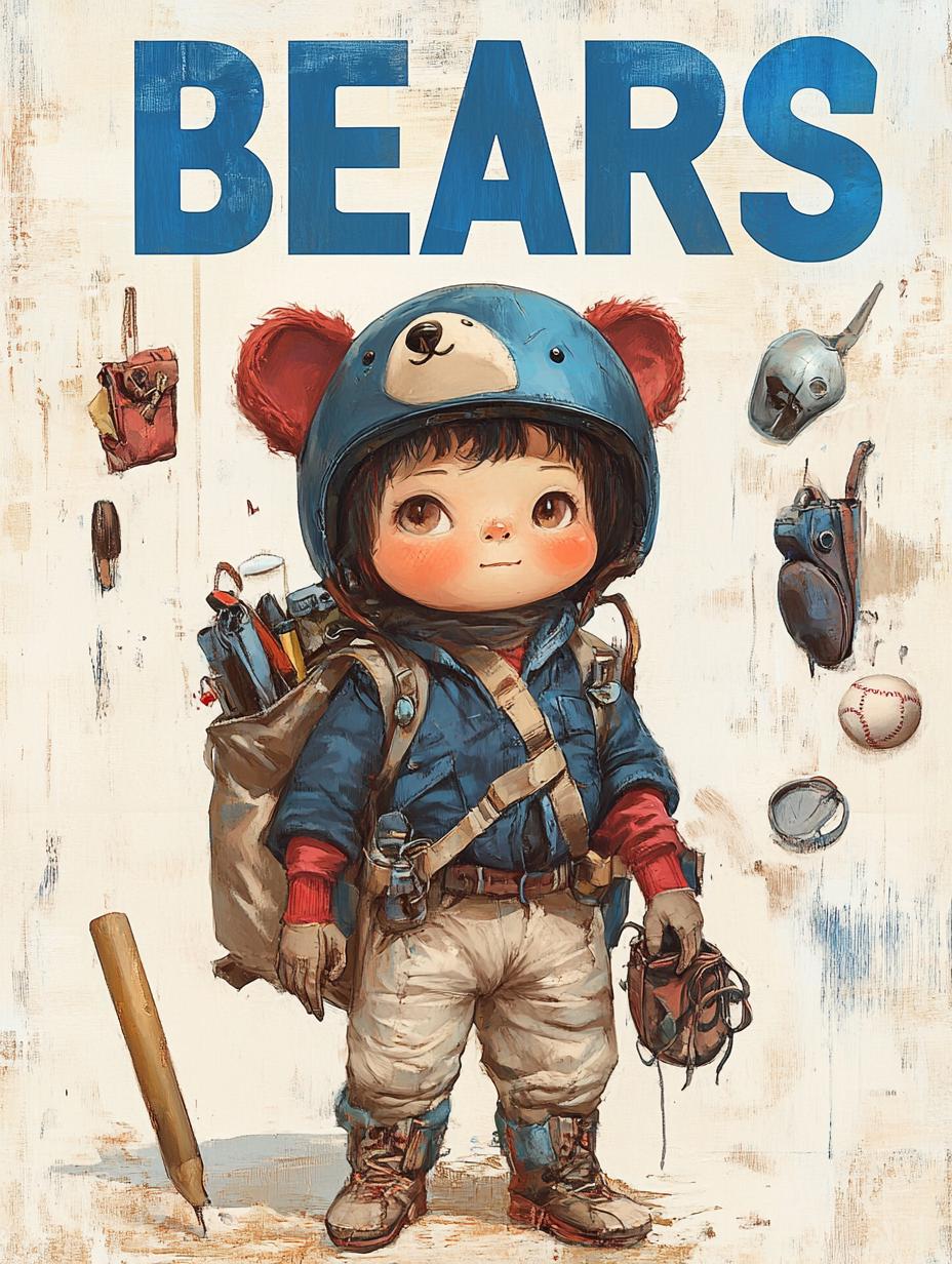 A Child Dressed In Adventurous Gear With A Bear-Themed Helmet Stands Confidently In A Whimsical Illustrated Setting Surrounded By Playful Objects