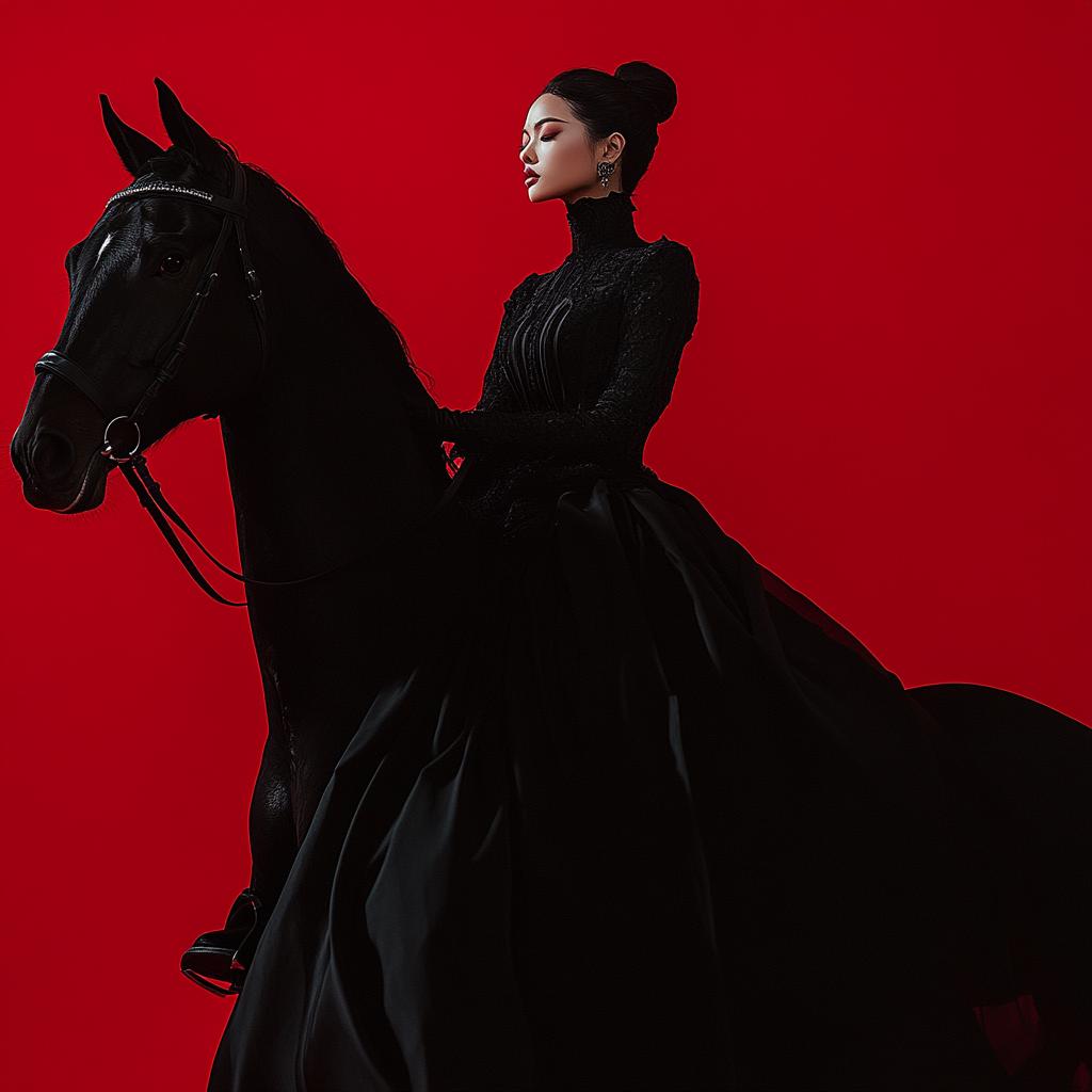 A Woman Dressed In Elegant Black Attire Sits On A Black Horse Against A Striking Red Background