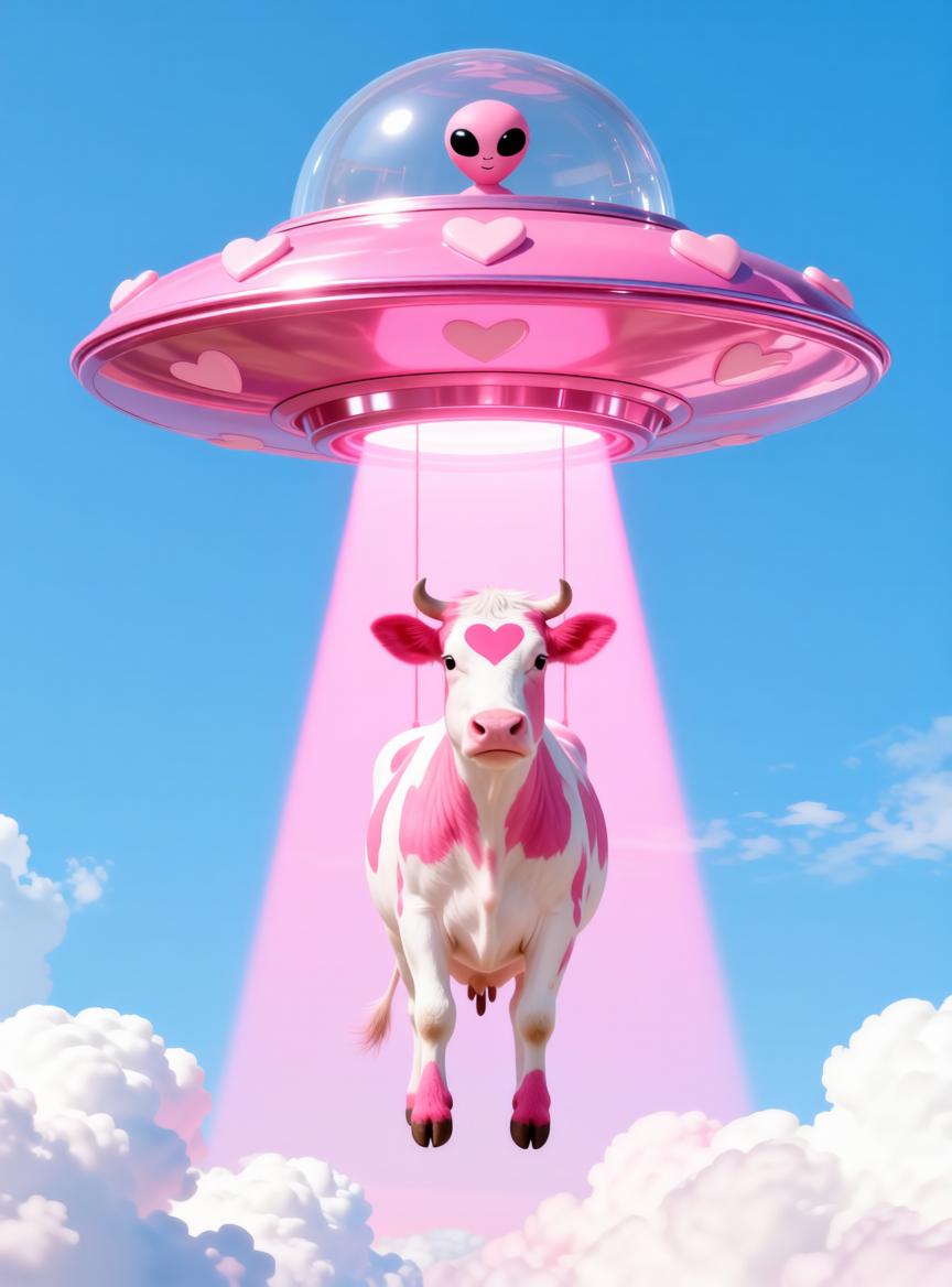 A Pink And White Cow Is Being Beamed Up By A Heart Decorated UFO In A Vibrant Cloud Filled Sky