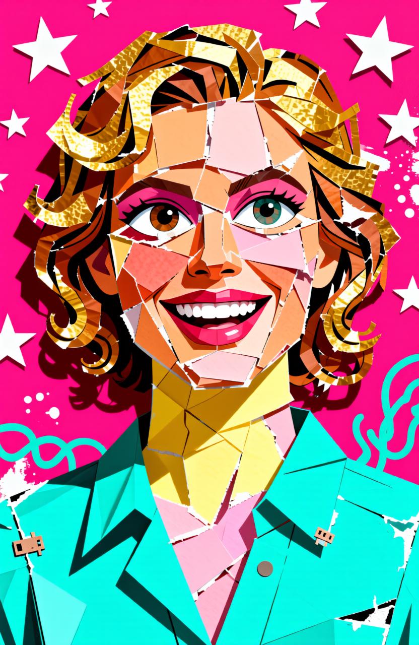 The woman’s face and upper body are constructed from jagged, torn paper pieces—her smiling