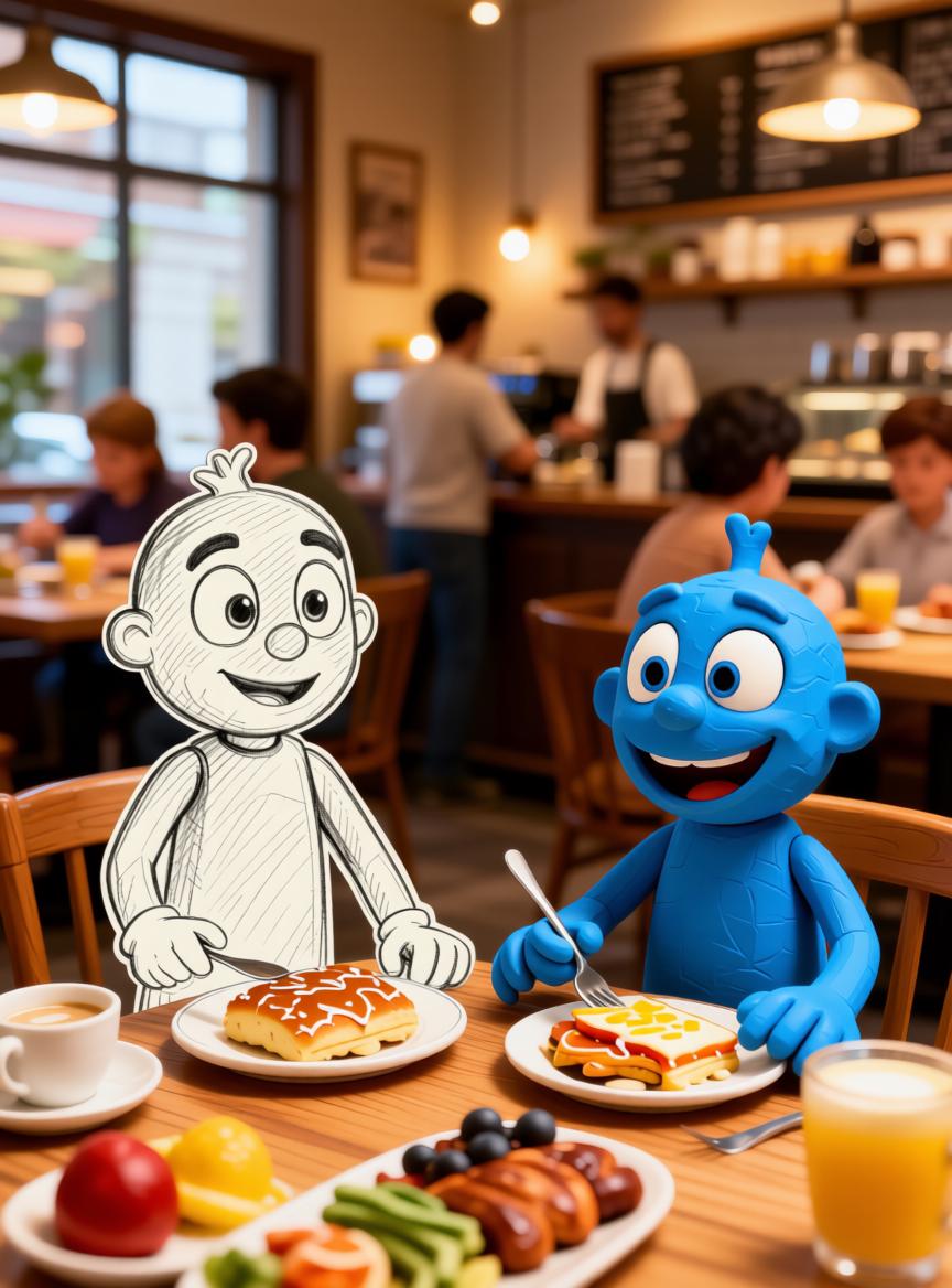 A Blue Animated Character And A Sketch-Style Figure Enjoy Breakfast Together In A Cozy Café Setting