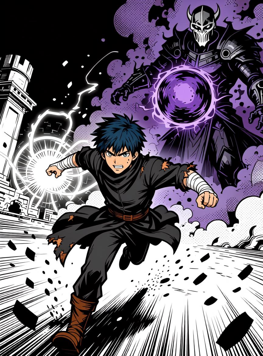 A Boy In A Torn Outfit Sprints Through A Dramatic Fantasy Setting As A Dark Armored Figure With Glowing Energy Looms Behind Him