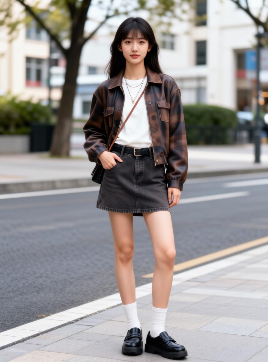 A Woman Stands Stylishly On A City Sidewalk Wearing A Casual Outfit With A Plaid Jacket And Skirt