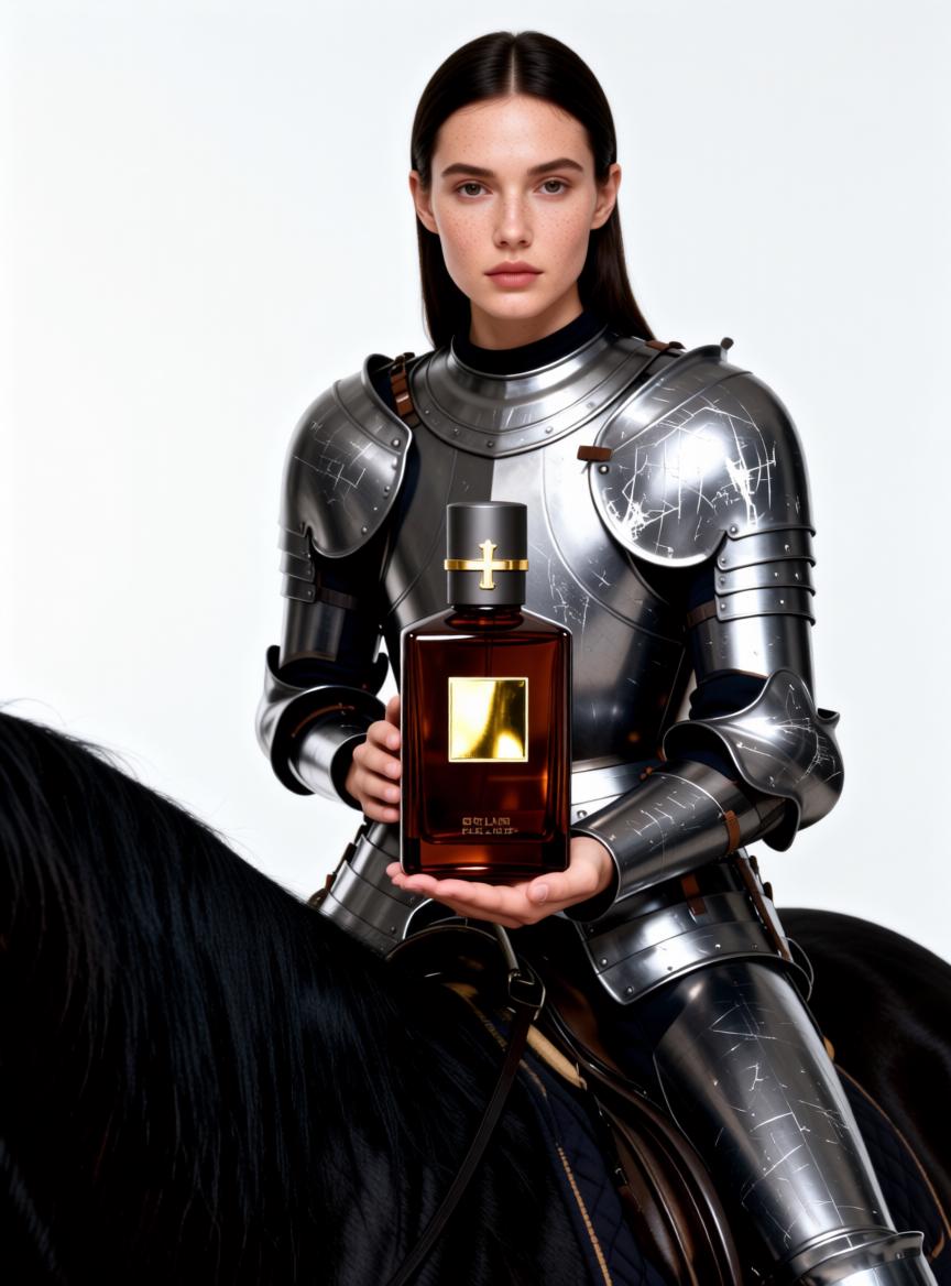 A Woman Clad In Shiny Armor Sits On A Horse Holding A Luxurious Bottle Against A Clean White Background