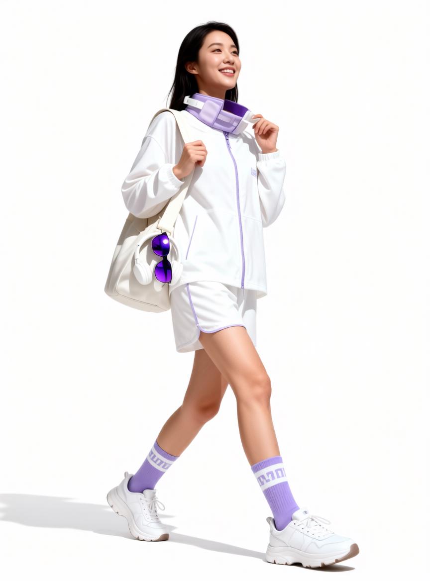 A Woman Is Walking In A Bright Minimal Setting Wearing Sporty White And Purple Attire Carrying A Bag With Accessories
