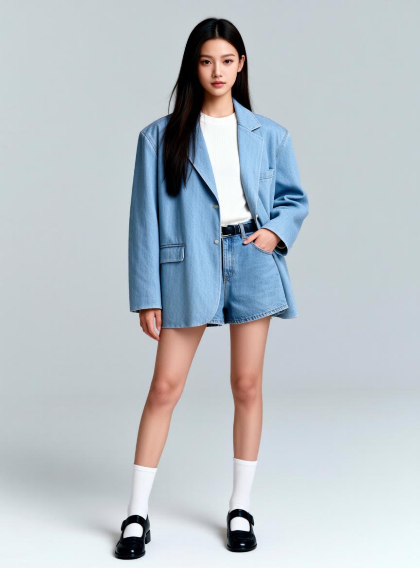 A Woman Is Standing In A Studio Setting Wearing A Stylish Denim Jacket And Shorts Paired With White Socks And Black Shoes