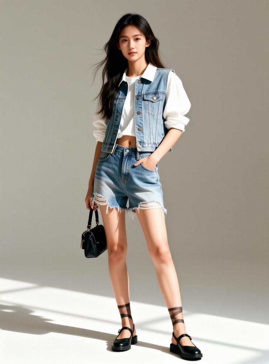 A Woman Is Standing In A Bright Minimalist Setting Wearing A Stylish Denim Outfit And Holding A Black Handbag