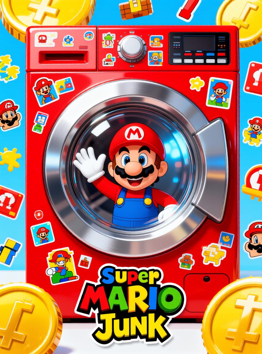 A Cartoon Character Is Featured Inside A Vibrant Red Washing Machine Surrounded By Colorful Game-Themed Stickers And Coins