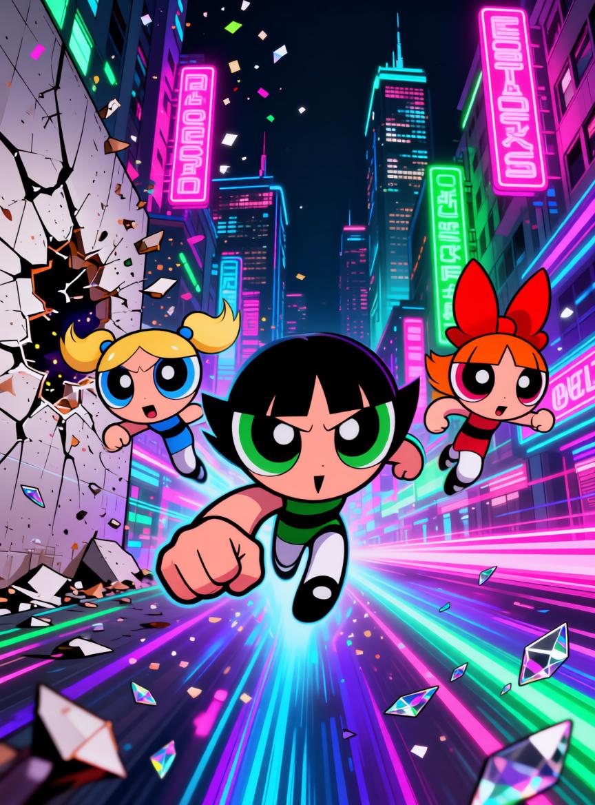 Three Animated Girls Are Flying Through A Vibrant Neon Cityscape Showcasing Action And Energy