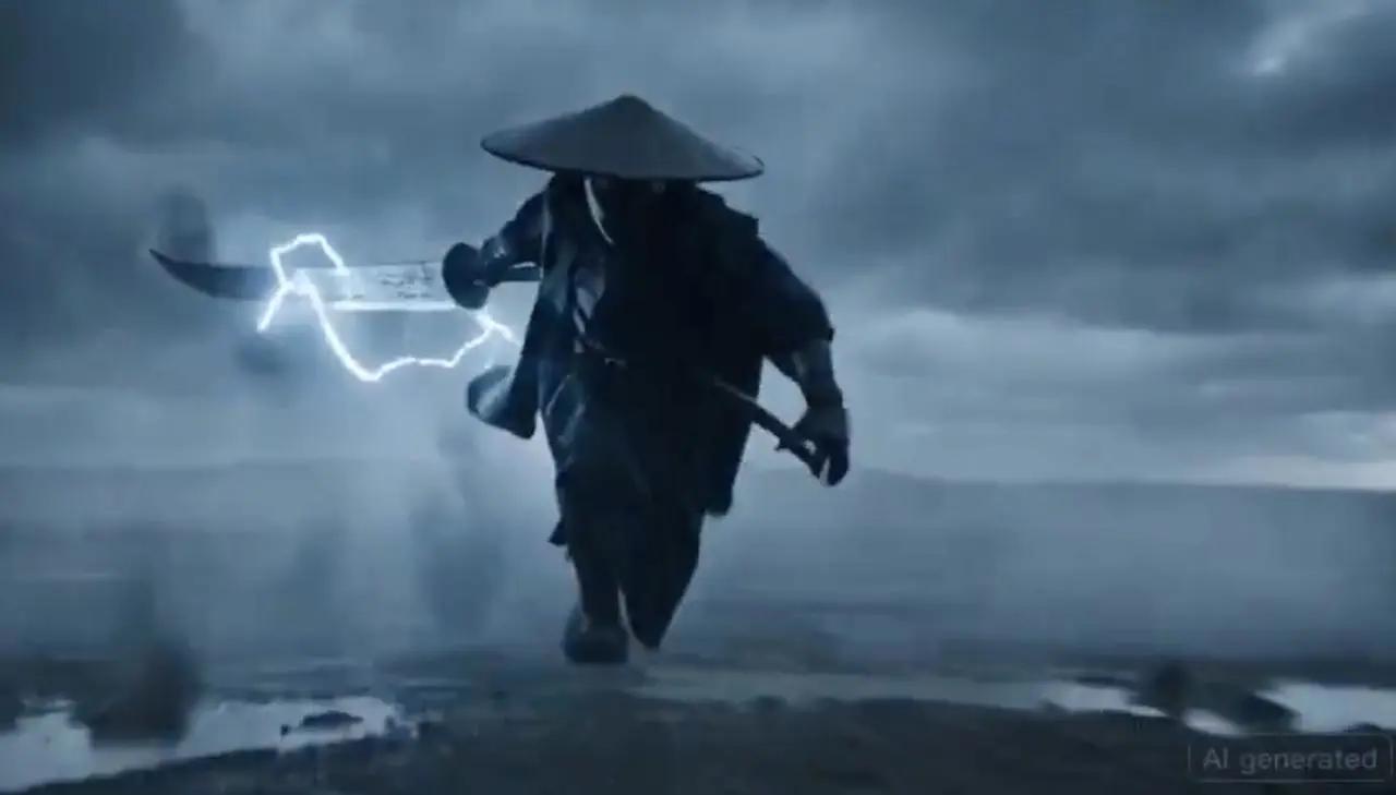 An intense fight scene between a masked ronin with a huge sword and a massive creature dur