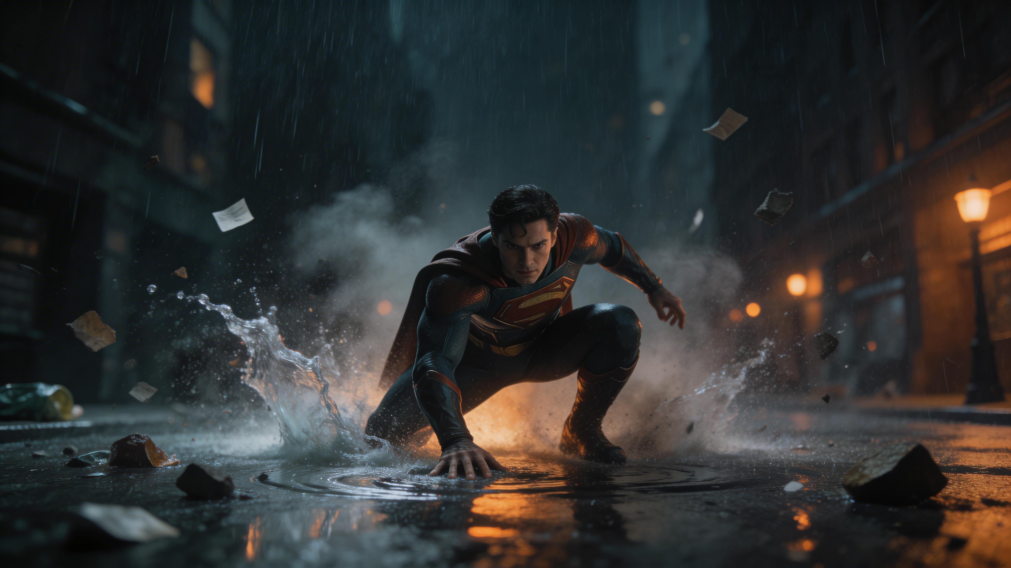 A Man Dressed As A Superhero Crouches Dramatically In A Rain-Soaked Urban Street Surrounded By Flying Debris And Illuminated By Streetlights